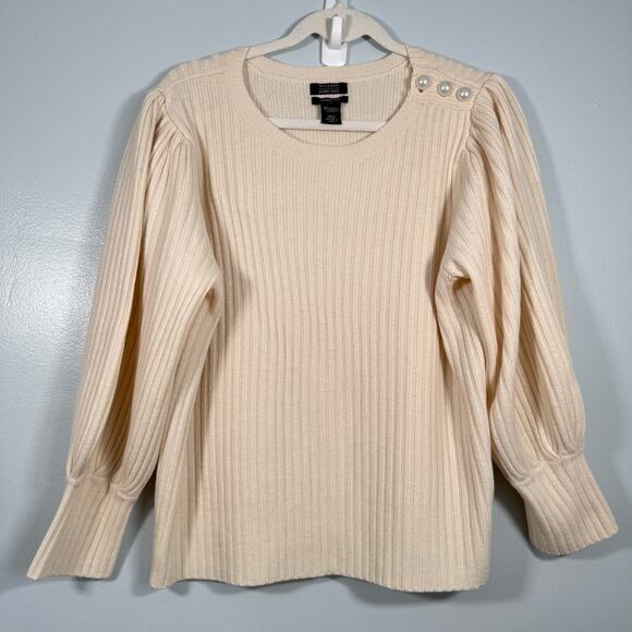 Cream Wool Cashmere Puff Sleeve Sweater Pearl Shoulder Coquette Winter Knit L - Picture 2 of 7
